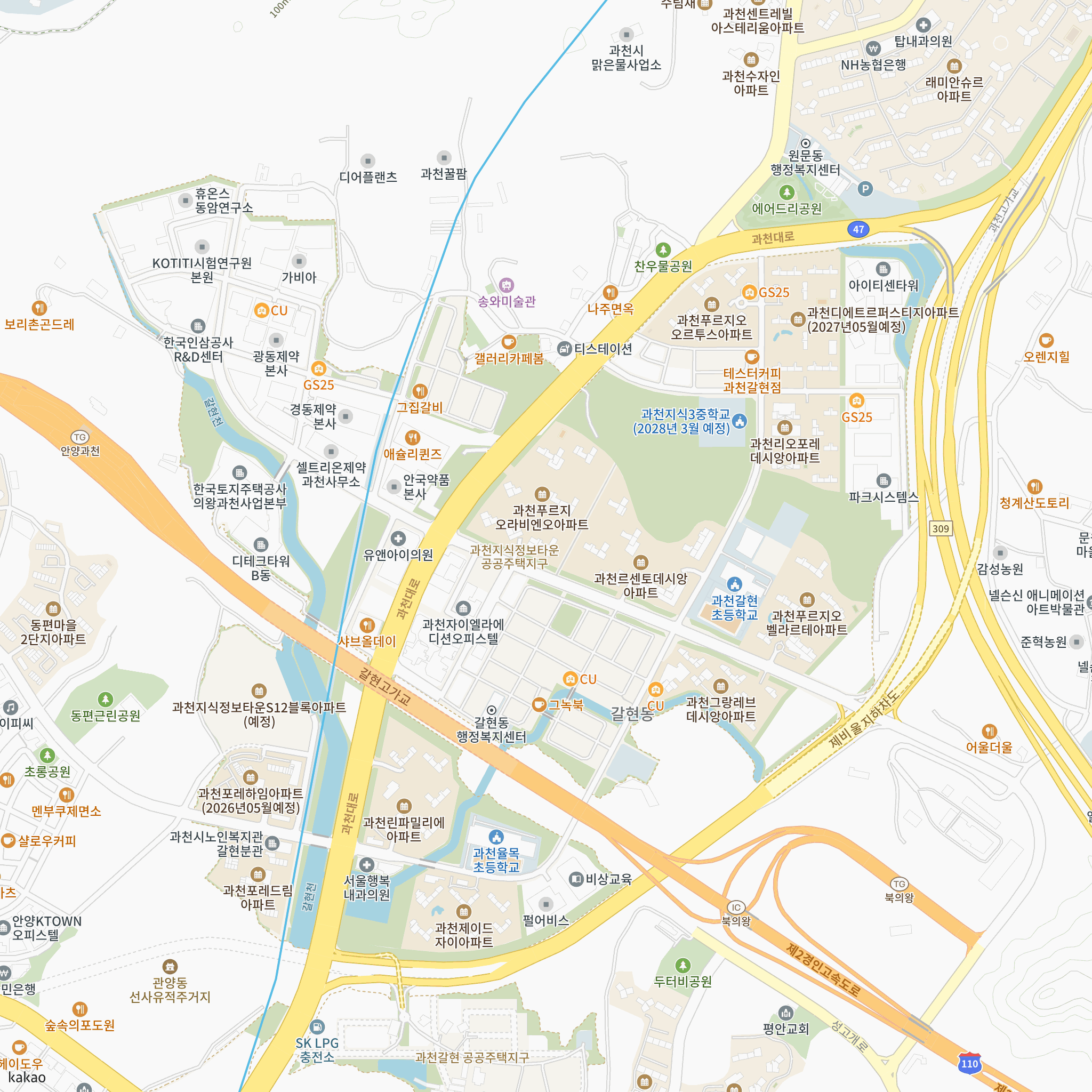 과천 푸르지오 라비엔오 반경 1km 주변 시설 지도