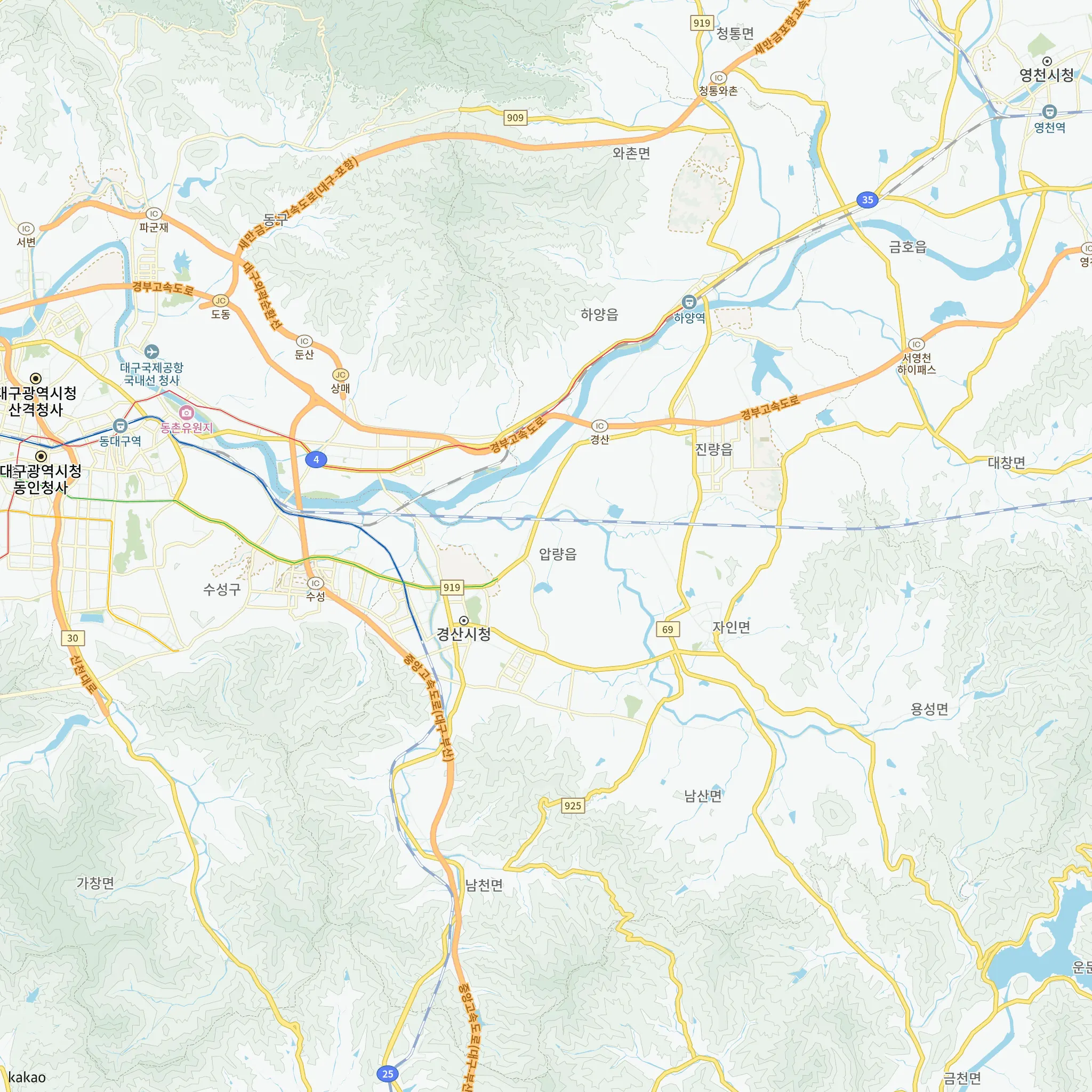 경산시와 인접 지역 지도에 표시한 경산진량우림필유 미분양매입 잔여세대 선착순 일반매각 공고 위치