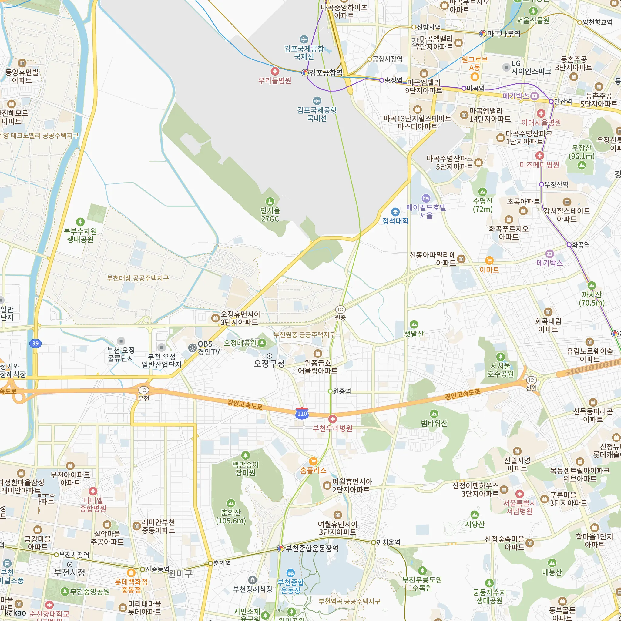 중앙하이츠 원종역(2차)에서 가장 가까운 원종역과 2호선·5호선·7호선·공항철도·9호선·김포골드라인·서해선 노선 지도