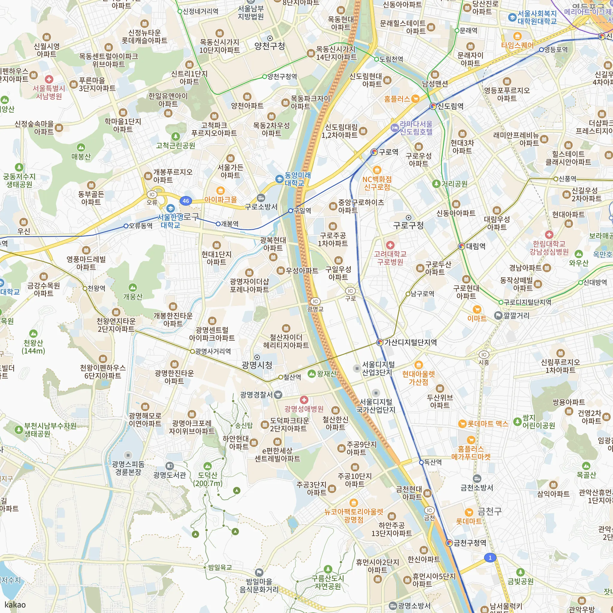 철산자이 브리에르에서 가장 가까운 철산역과 1호선·2호선·5호선·7호선·신림선 노선 지도