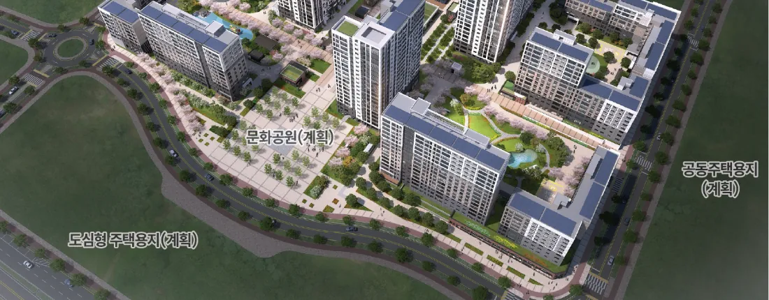 세종 우미 린 센터파크(행정중심복합도시 5-2생활권 S1블록, 글미마을 9단지) 단지 조감도(동 배치 라벨 표기)(공식 홈페이지)