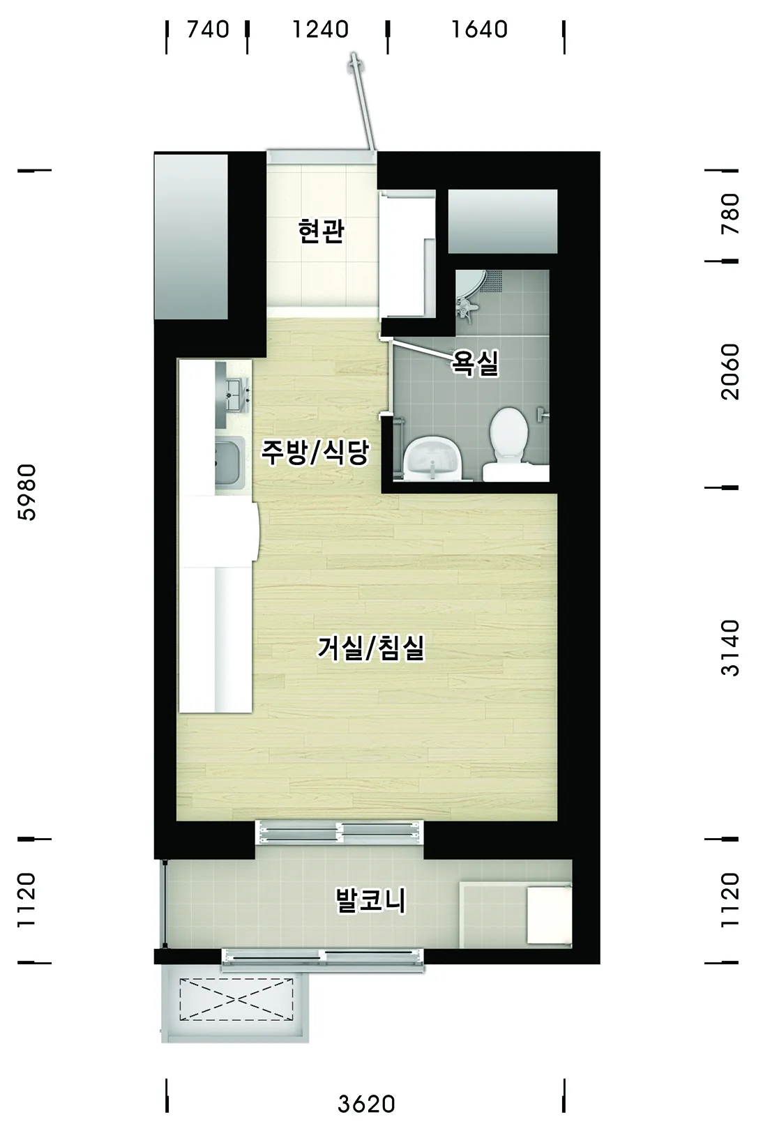 군산내흥7 행복주택 입주자격완화 예비입주자 모집 공고(26.10.02) 평면도 (현관·주방/식당·거실/침실·욕실·발코니, 3620mm x 약 9120mm)(공식 홈페이지)