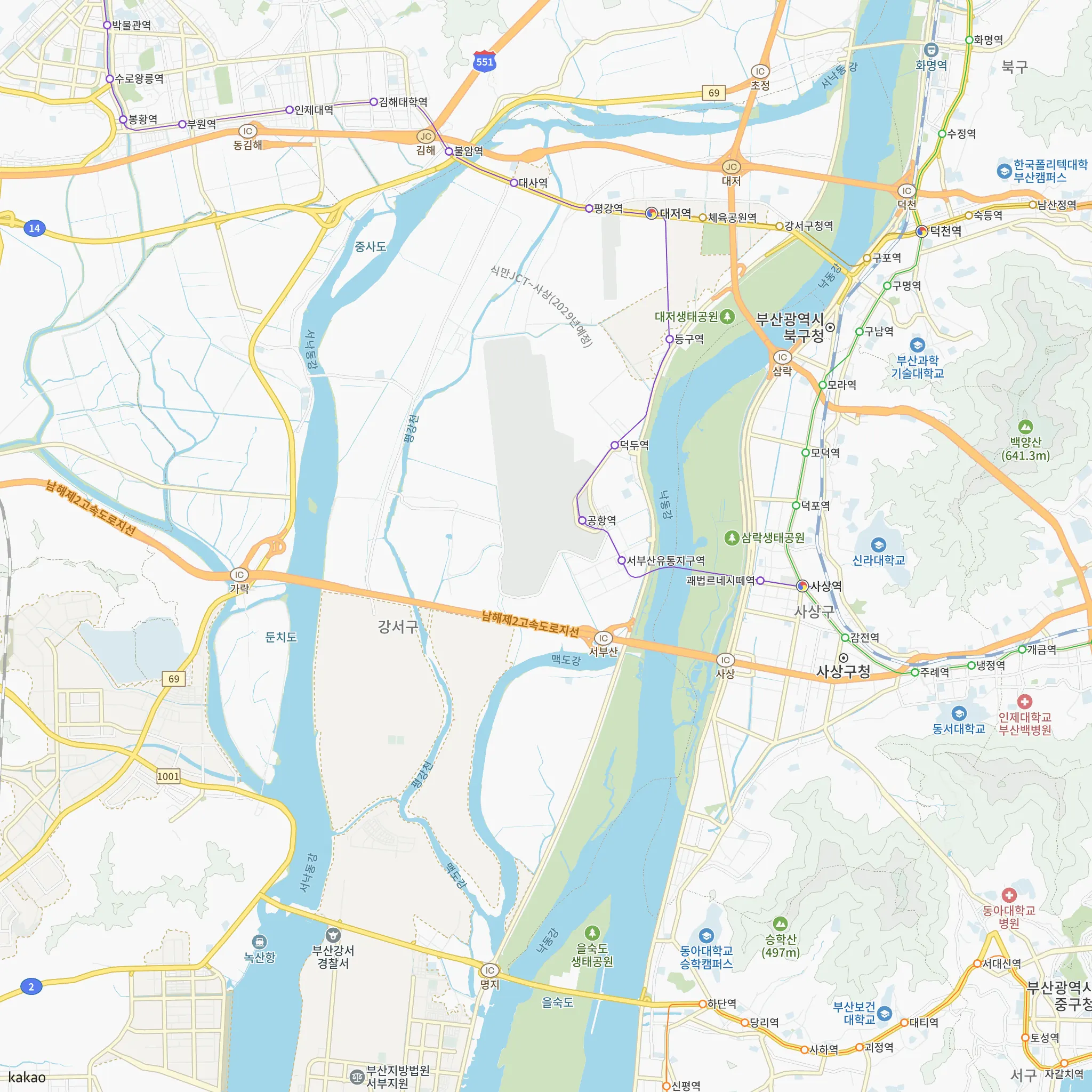 에코델타시티 금강펜테리움 에코리버에서 가장 가까운 공항(김해)역과 부산1호선·부산2호선·부산3호선·부산김해경전철 노선 지도