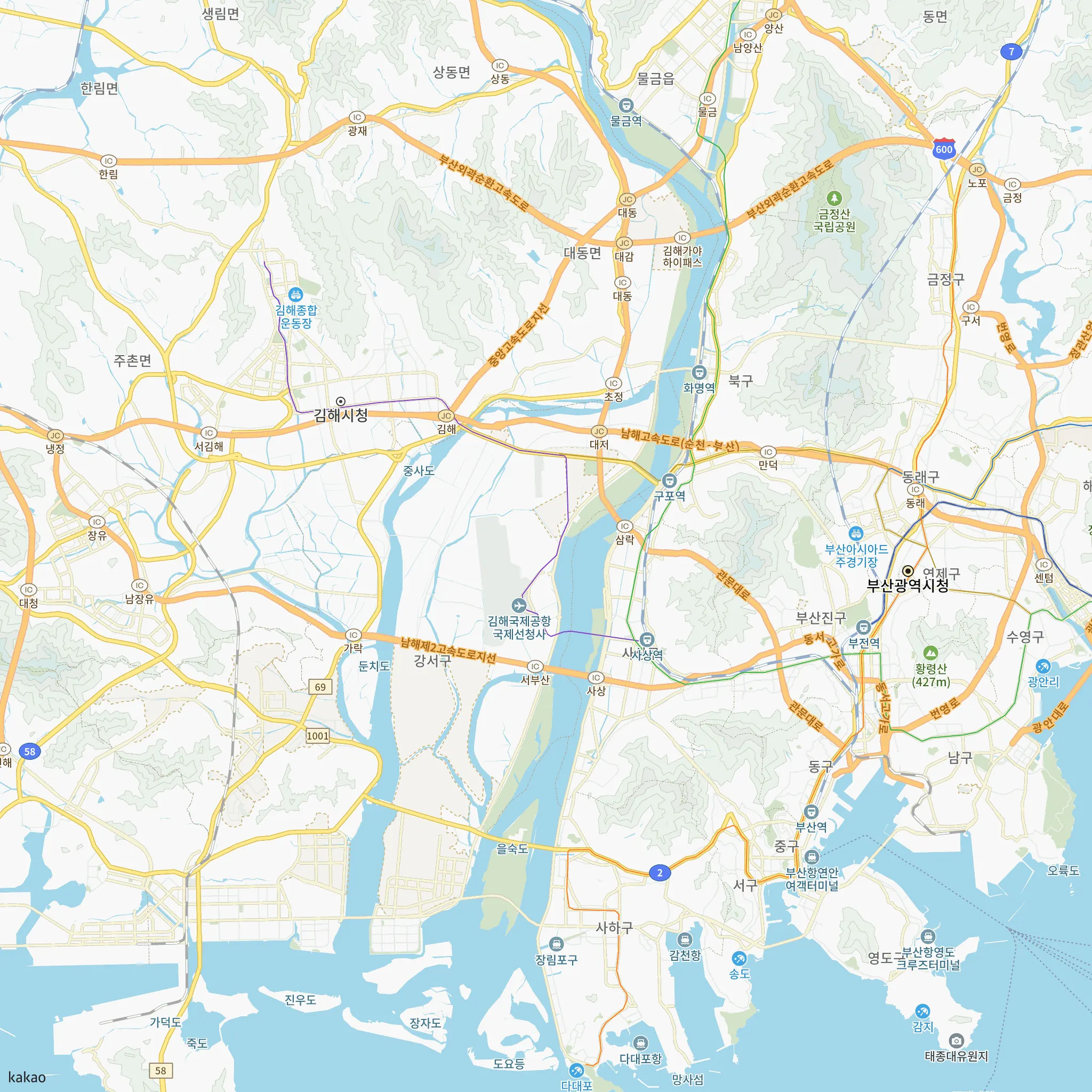강서구와 인접 지역 지도에 표시한 에코델타시티 금강펜테리움 에코리버 위치