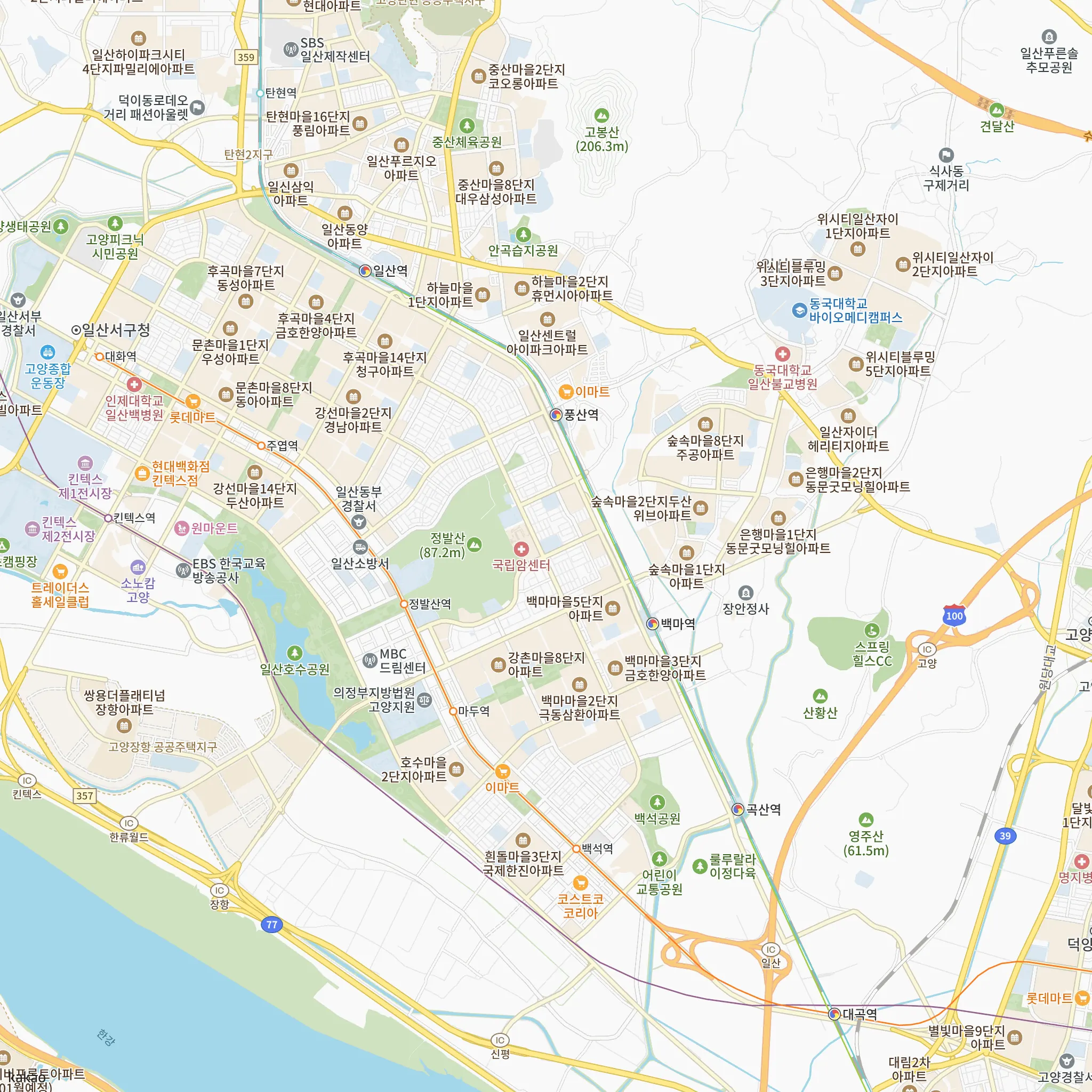 고양 장항 아테라 안전마진 계산에 쓴 비교단지 3곳의 위치 지도