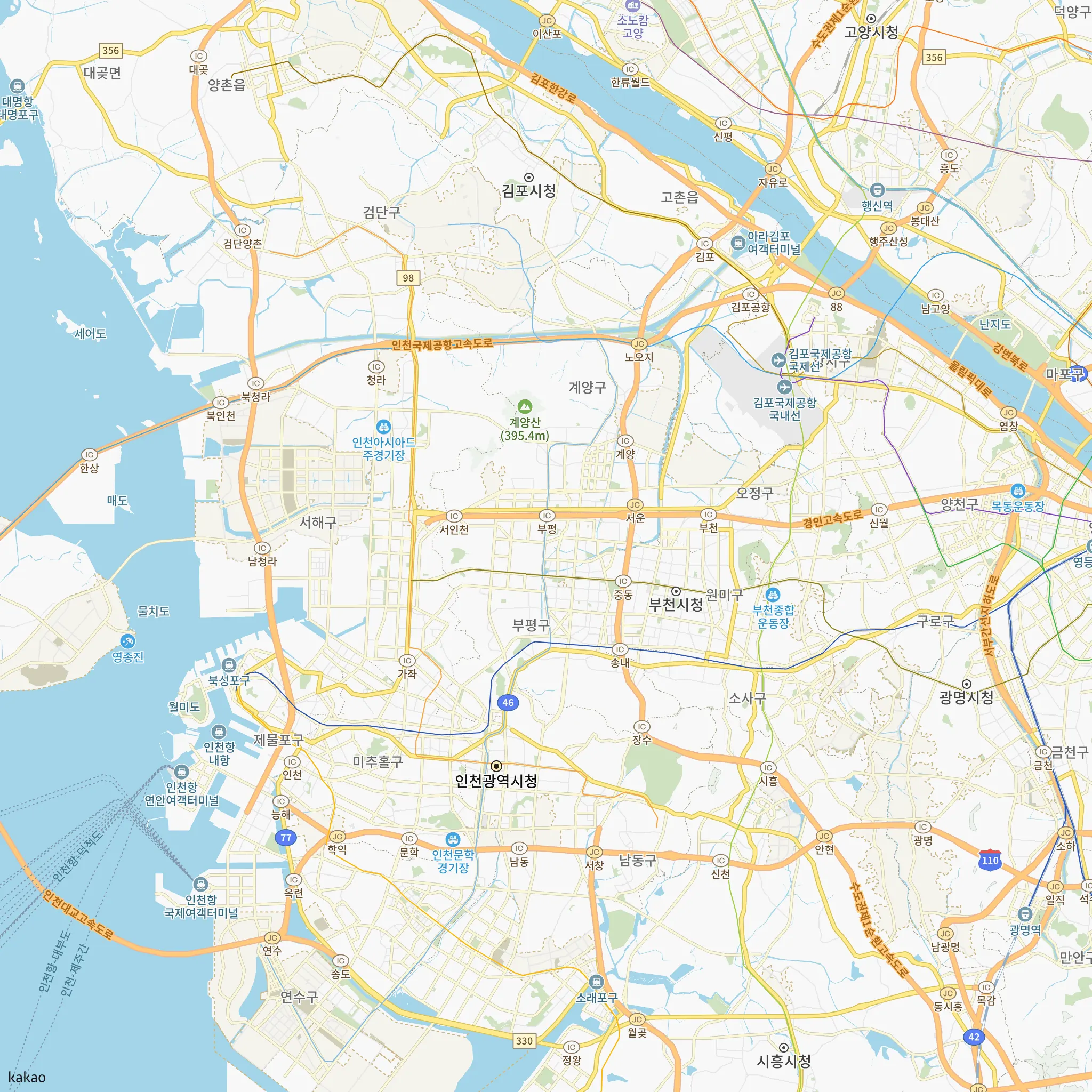 부평구와 인접 지역 지도에 표시한 중앙하이츠 갈산역 센트럴 위치