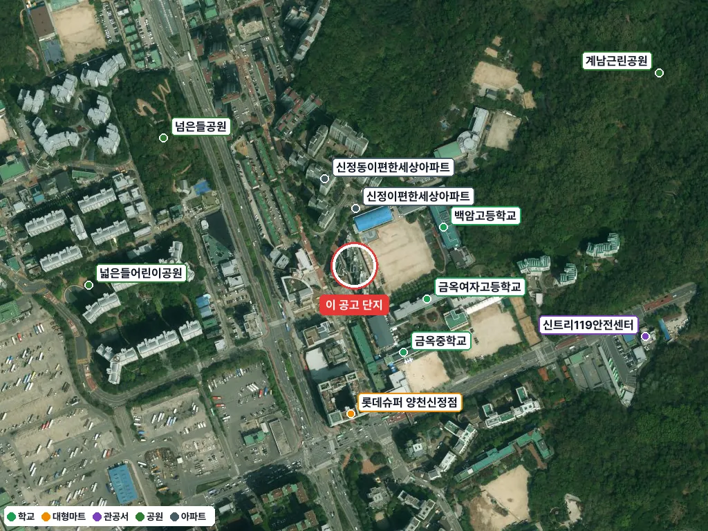 2026년 신정도시마을 잔여세대 입주자모집공고(26. 9. 23.) 항공사진 — 빨간 원이 단지 위치(국토부 브이월드) · 주변 시설 10곳 표시