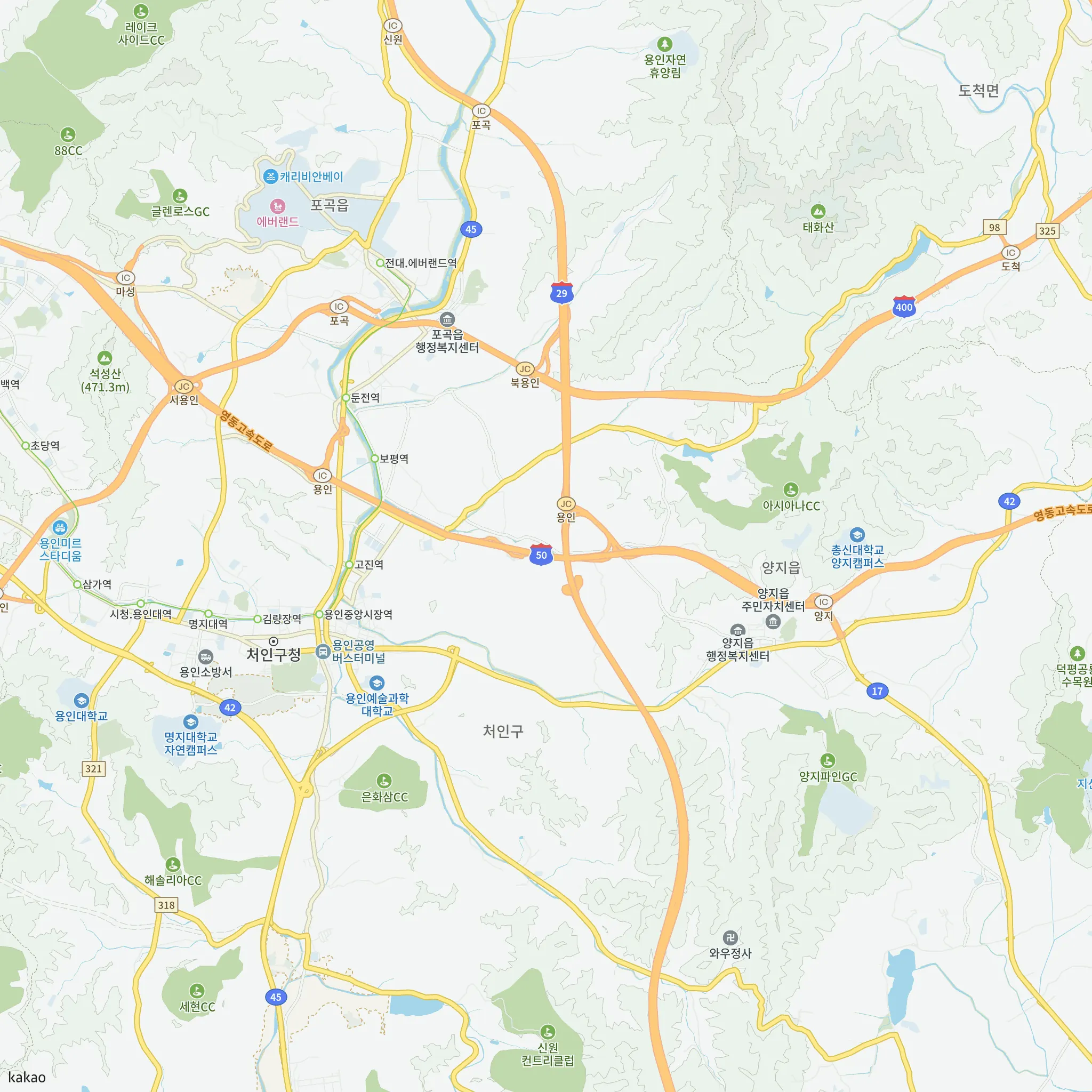 용인 양지 서희스타힐스 하이뷰 (조합원 취소분) 안전마진 계산에 쓴 비교단지 5곳의 위치 지도